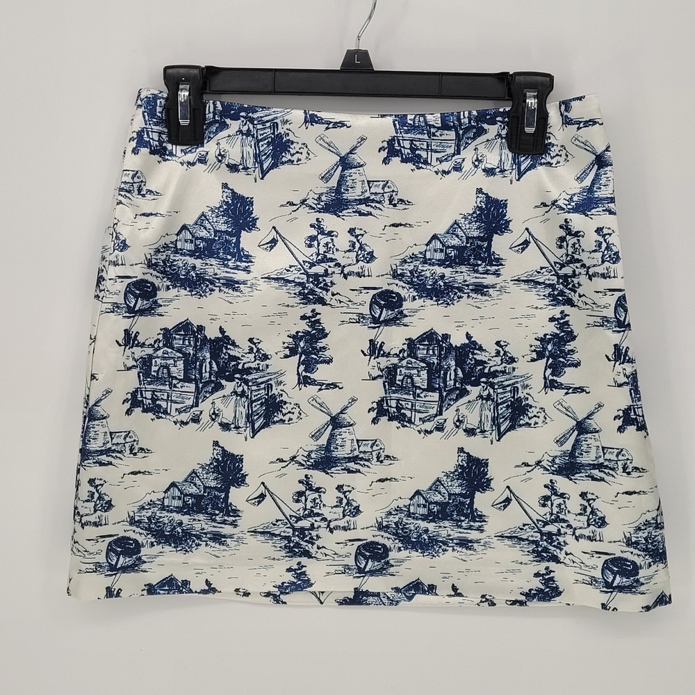 VICI Blue Cream Toile de Jouy Mini Skirt Medium satin Scenic Windmill Print boho
